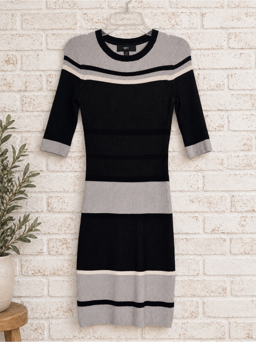 Mossimo Black, Light Gray, White  Striped Midi Knit Dress